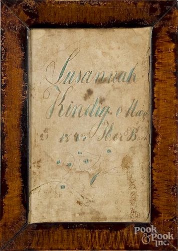 Pennsylvania ink and watercolor fraktur bookplate, 19th c., for Susannah Kindig, 6 1/4'' x 4''.