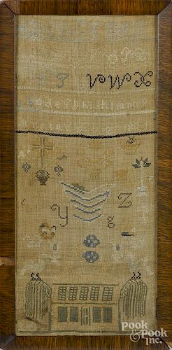 Silk on linen sampler, dated 1834, 17 1/4'' x 7 1/2''.