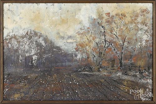 Oil on board wooded landscape, mid 20th c., 24'' x 36''.