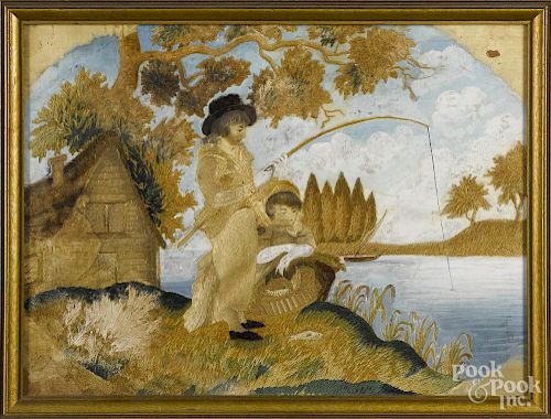 Silk and chenille embroidery, early 19th c., of a boy and girl fishing, 11 1/2'' x 15 1/2''.