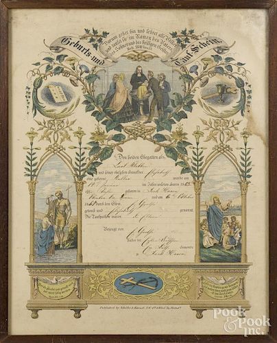 Schafer and Koradi, printed fraktur birth certificate, dated 1862, 15'' x 12''.