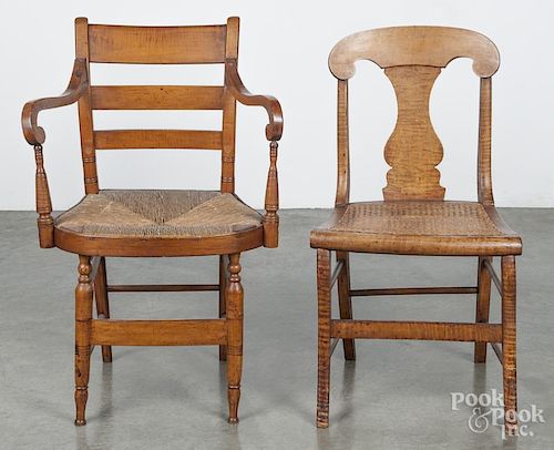 Sheraton tiger maple rush seat armchair, ca. 1825, together with a sabre leg chair with a caned seat