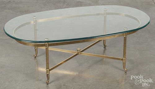 Brass and glass coffee table, 16'' h., 50'' w., 28'' d.