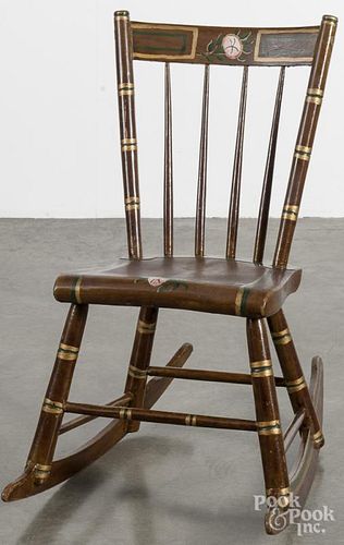 Pennsylvania pine settee, 19th c., 34'' h., 72'' w., together with a painted pine plank seat rocker.