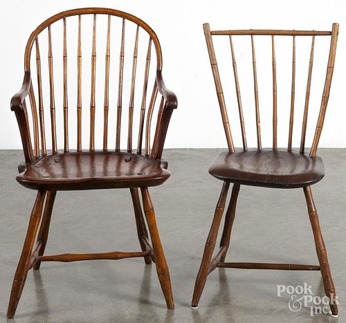 Sackback Windsor, ca. 1815, branded S. J. Tucker, together with a rodback side chair.
