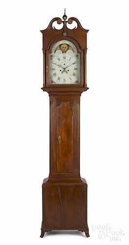 Pennsylvania Federal cherry tall case clock, ca. 1800, with fan inlaid rosettes, eight-day works