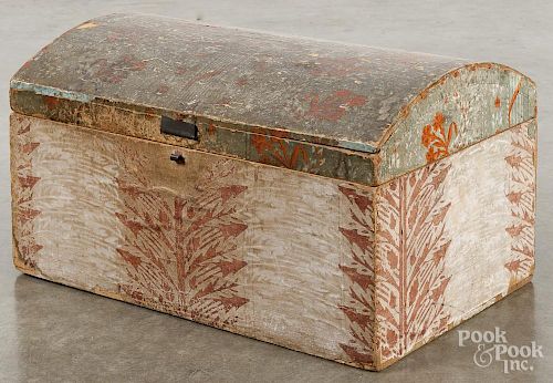 New England wallpaper covered dome lid box, mid 19th c., 10'' h., 18 1/4'' w.