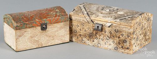 Two wallpaper covered dome lid boxes, mid 19th c., 5'' h., 10'' w. and 4 3/4'' h., 8'' w.