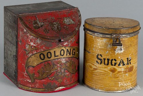 Three painted tin bins, late 19th c., inscribed Oolong, Sugar, and Fries, 10'' h., 10 1/4'' h.,