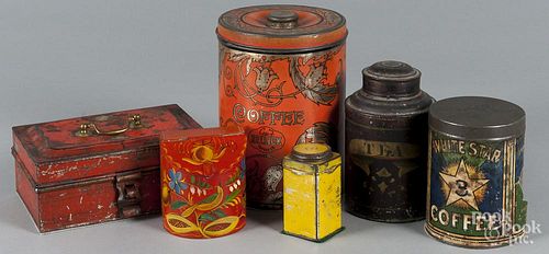 Six painted tins, to include a red example fitted with six interior spice canisters