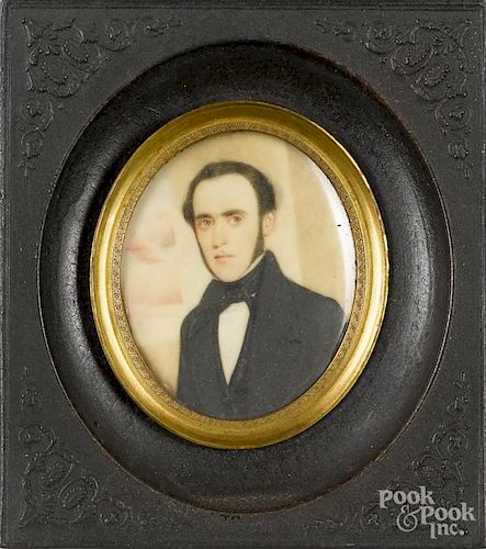 Miniature watercolor on ivory portrait of a gentleman, dated 1841 verso, 2 1/2'' x 2 1/4''.