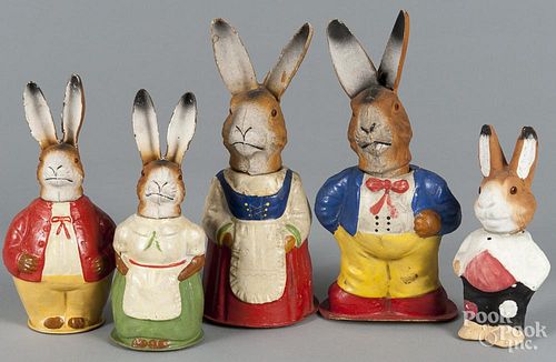 Five German pressed paper rabbit candy containers, tallest - 9 1/2''.