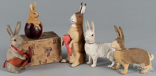 Five assorted German rabbit candy containers, to include a mohair example and another with a carrot
