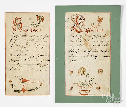 Two Pennsylvania ink and watercolor bookplates, one dated 1836, with tulip and bird decoration