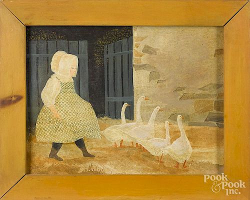 Jeanne Davies (American, b. 1936), oil on board of a young girl with ducks, signed lower left