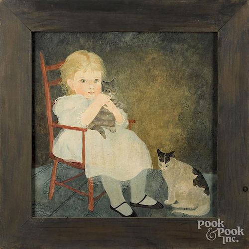 Jeanne Davies (American, b. 1936), oil on board of a young girl with two cats, signed lower left