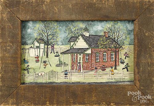 Dolores Hackenberger (American, b. 1930), oil on board Amish schoolyard, signed lower right
