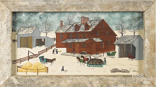 Dolores Hackenberger (American, b. 1930), oil on canvas winter farmscene, signed lower right