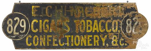 Painted Cigars, Tobacco, and Confectionery sign, early 20th c., 18 1/4'' x 58''.