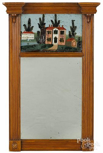 Sheraton pine mirror, 19th c., with an églomisé panel of a house, 21'' h., 12'' w.