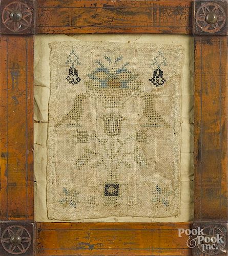 Chester County, Pennsylvania needlework sampler, early 19th c., initialed HS, with birds, a tulip