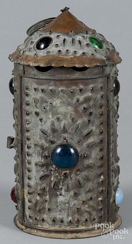 Bradley and Hubbard punched copper candle lantern, 20th c., with glass jewels, 12 1/2'' h.