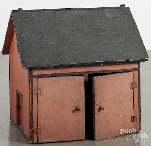 Child's painted pine barn, 19th c., 18'' h., 19'' w., together with carved barnyard animals.