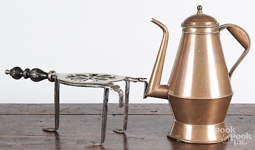 Brass and iron trivet, 19th c., together with a contemporary copper coffee pot, 10 3/4'' h.