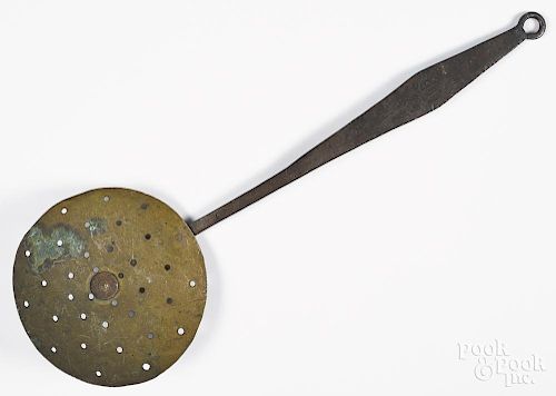 Wrought iron and brass skimmer, 19th c., stamped J.B, 18 1/2'' l.
