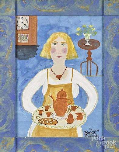 Barbara Strawser (American 20th/21st c.), watercolor and gouache interior of a woman
