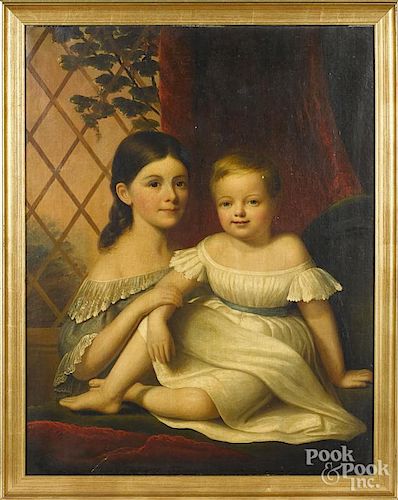 American oil on canvas portrait of a mother and daughter, mid 19th c., 36'' x 28''.