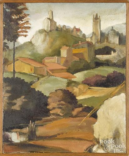 Oil on canvas landscape, mid 19th c., with a town, 15 3/4'' x 12 1/2''.