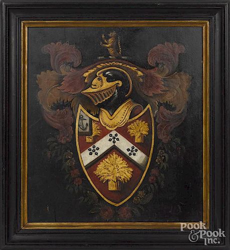 English oil on panel family crest, late 19th c., 17 1/2'' x 15 3/4''.