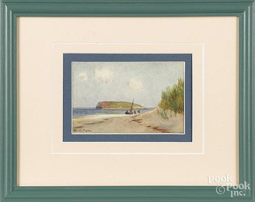 Watercolor coastal scene, signed Penton Fisher, 3 1/2'' x 5 1/4''.