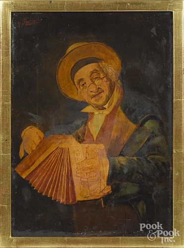 Oil on canvas, early 20th c., of a man with an accordion, signed P Massani, 14'' x 10''.