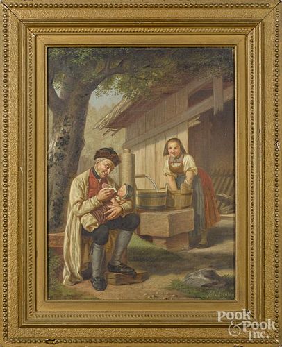 German oil on canvas of a couple with a child, late 19th c., signed A. Stau__ Munchen, 16'' x 12''.