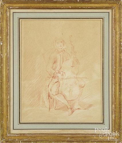 Chalk study of a man with a cello, 18th c., 11'' x 8 1/2''.