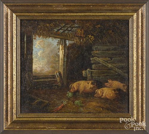 Continental oil on canvas barn scene with pigs, late 19th c., 12'' x 14''.