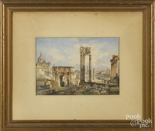 Continental watercolor and pencil of classical ruins, late 19th c., signed Manchi?, 8'' x 11 1/4''.