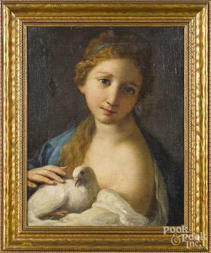 Continental oil on canvas portrait of a young woman with a dove, early 19th c., 18 3/4'' x 14 3/4''.