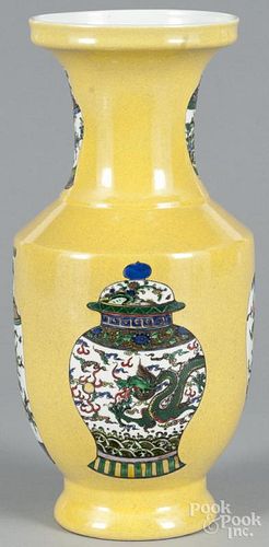 Chinese yellow ground porcelain vase, 20th c., 16'' h.