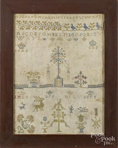Silk on linen Adam and Eve sampler, late 18th c., 14 1/2'' x 10 3/4''.