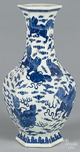 Chinese blue and white hexagonal vase, 20th c., 20 1/2'' h.