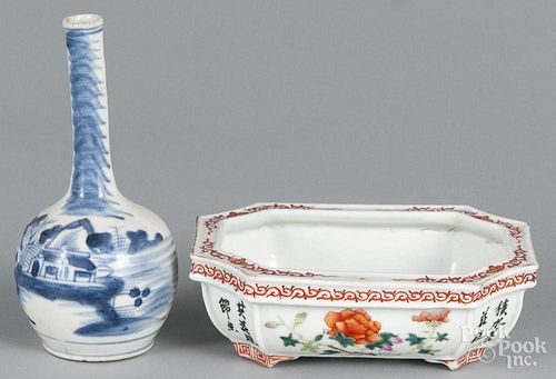 Chinese blue and white bottle vase, 6 3/4'' h., together with a famille rose bowl, 2 1/4'' h.