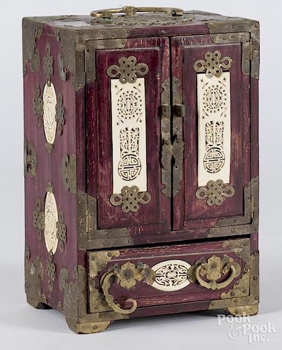 Chinese jewelry chest, ca. 1900, with inset ivory panels, 12'' h., 8'' w.
