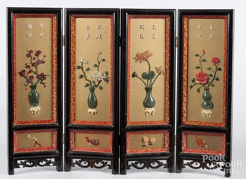 Chinese four-part folding table screen with hardstone appliqués, 18'' x 24''.