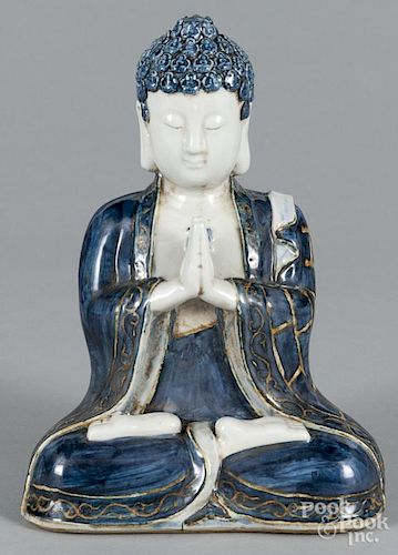 Chinese blue and white porcelain praying Buddha, 20th c., 10 1/2'' h.