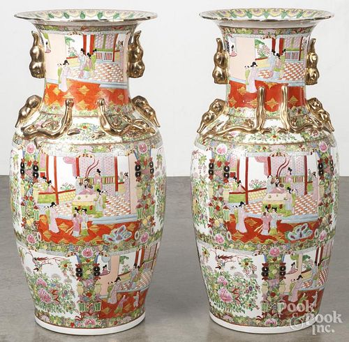 Pair of Chinese famille rose palace urns, 20th c., 36 3/4'' h.