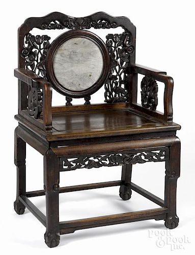 Chinese hardwood armchair, late 19th c., with a marble inset back.