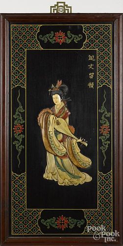 Pair of Oriental lacquer panels with ivory and stone appliqués, early 20th c., 42'' x 22''.